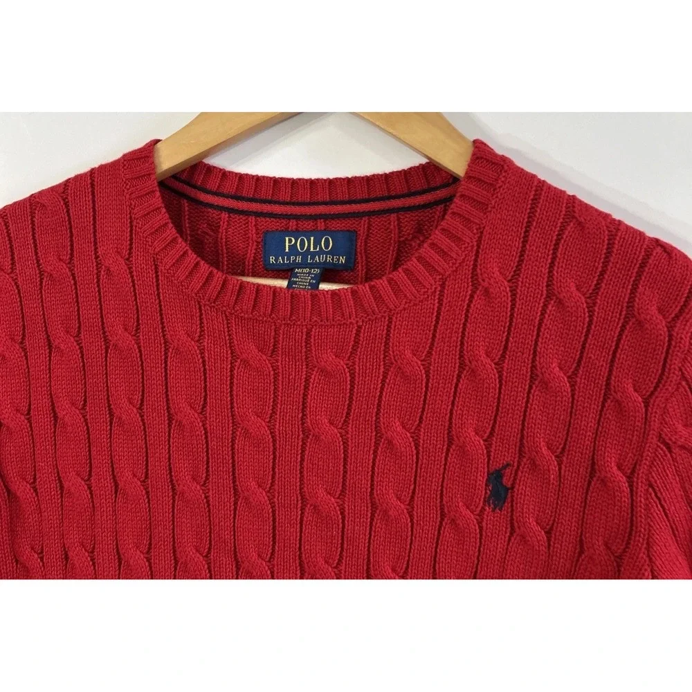 Polo Ralph Lauren Boys Cable Knit Crew Neck Sweater Christmas Red Sz Med 10-12